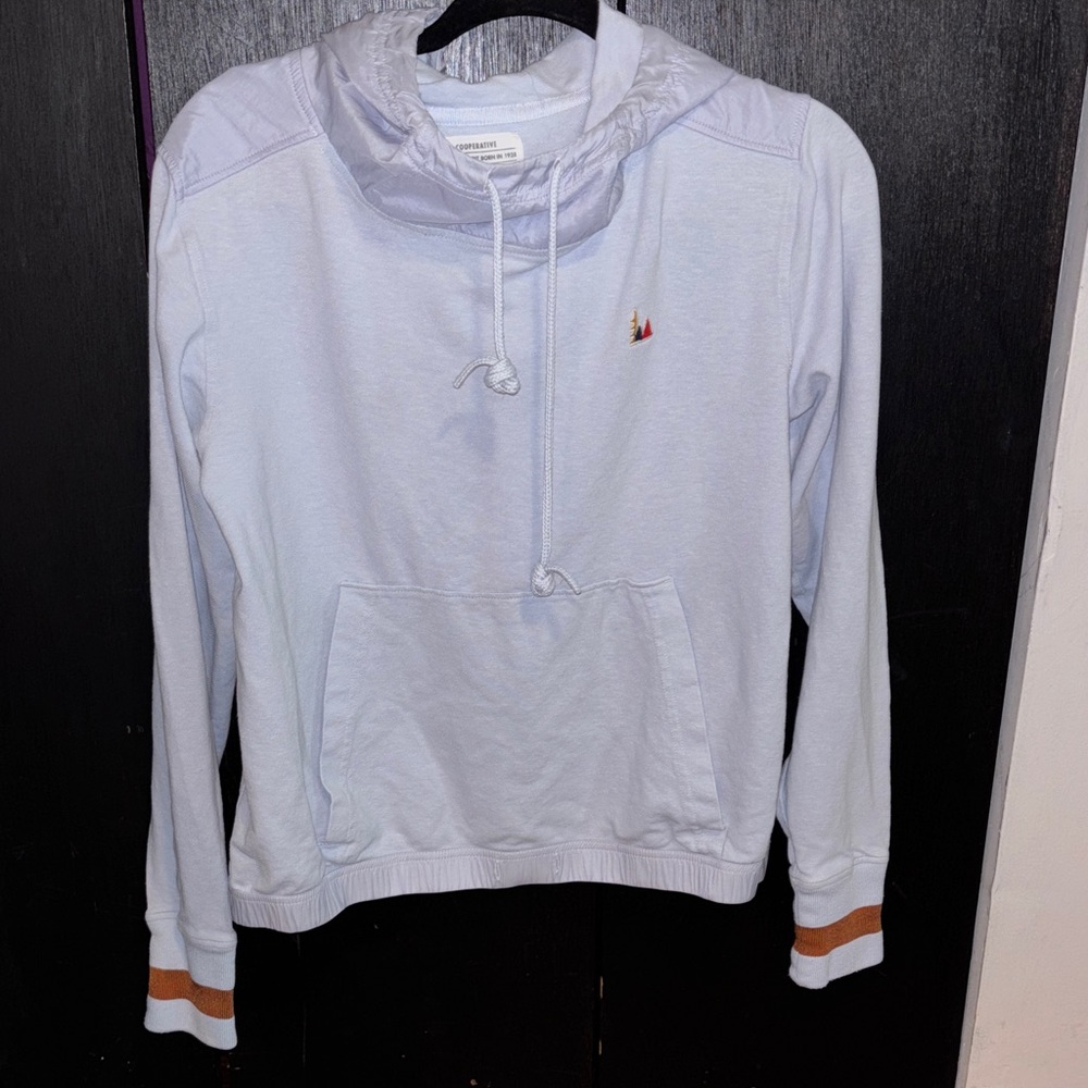 Ice Blue REI Co-op Hoodie with Rust  Accent Banding around Sleeve